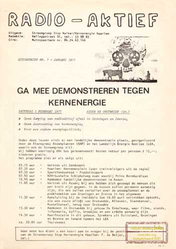 nieuwsbrief nr 7, januari 1977; oproep om mee te gaan naar de demonstratie in Onstwedde op 5 februari