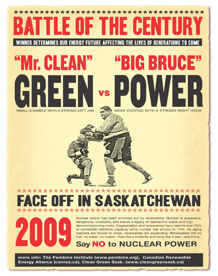 Battle of the century. Mr 'Green' Clean vs. 'Big Bruce' Power; 2009; 42x60cm; Clean Green Regina, Renewable Energy Alliance, Pelimba Institute - Richard Vickaryous
